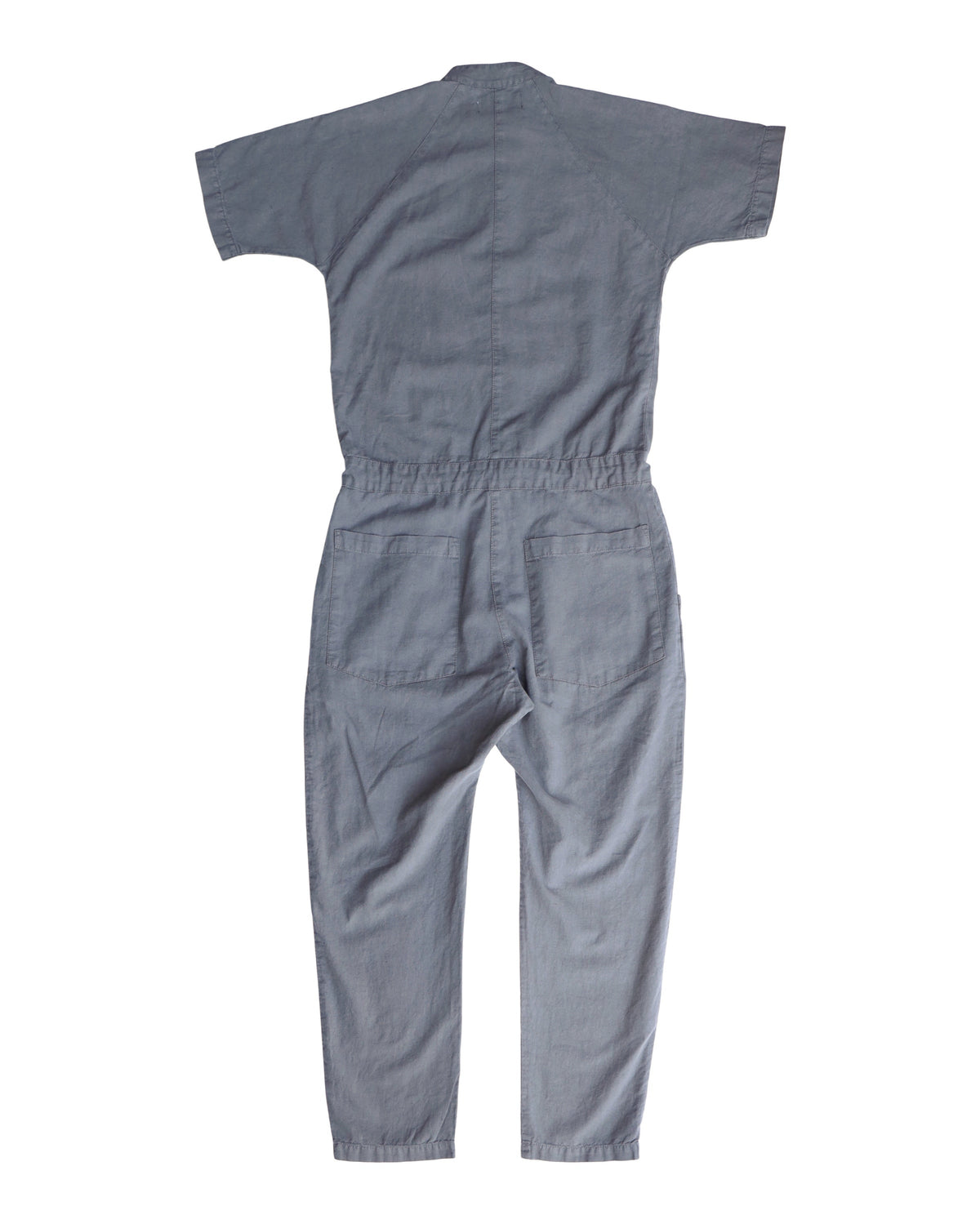 Back flat-lay view of the gray short-sleeve jumpsuit.