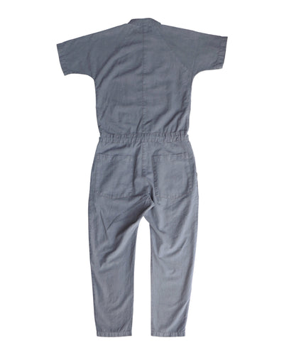 Back flat-lay view of the gray short-sleeve jumpsuit.