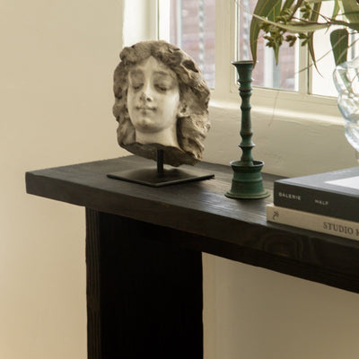 Japandi entryway styled with Shou Sugi Ban console and indoor plant