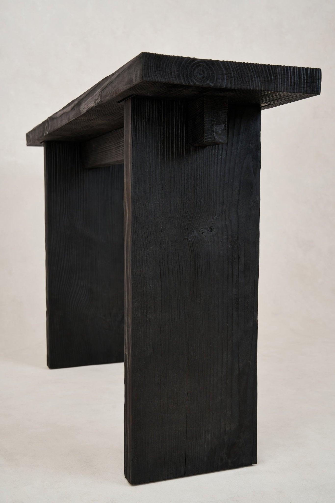 Side view of Shou Sugi Ban entry console showing thick wood top