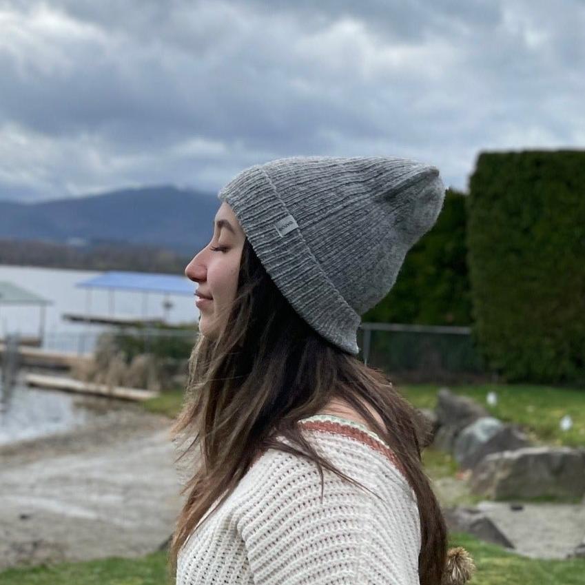Recycled Wool-Blend Japanese Knit Beanie on woman outside