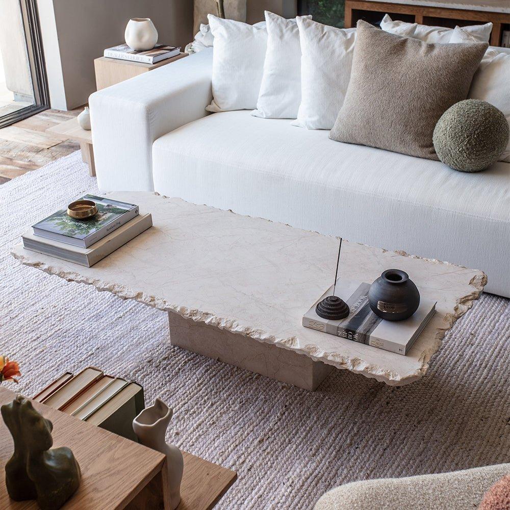 Sofita marble coffee table with matte finish and natural chipped edge in Japandi living room