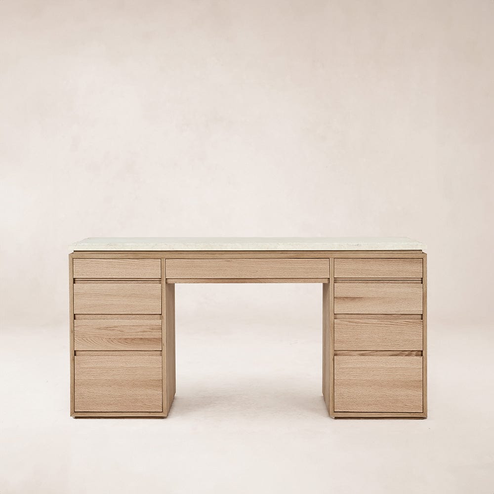 Ojai vanity desk with white oak marble top, front view