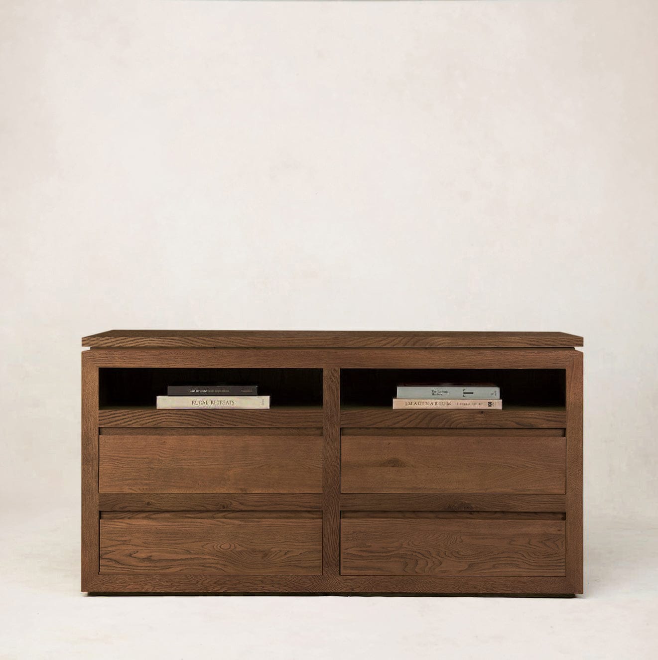Sofita wood dresser in mocha with open upper storage and clean lines