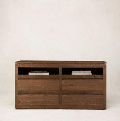 Sofita wood dresser in mocha with open upper storage and clean lines