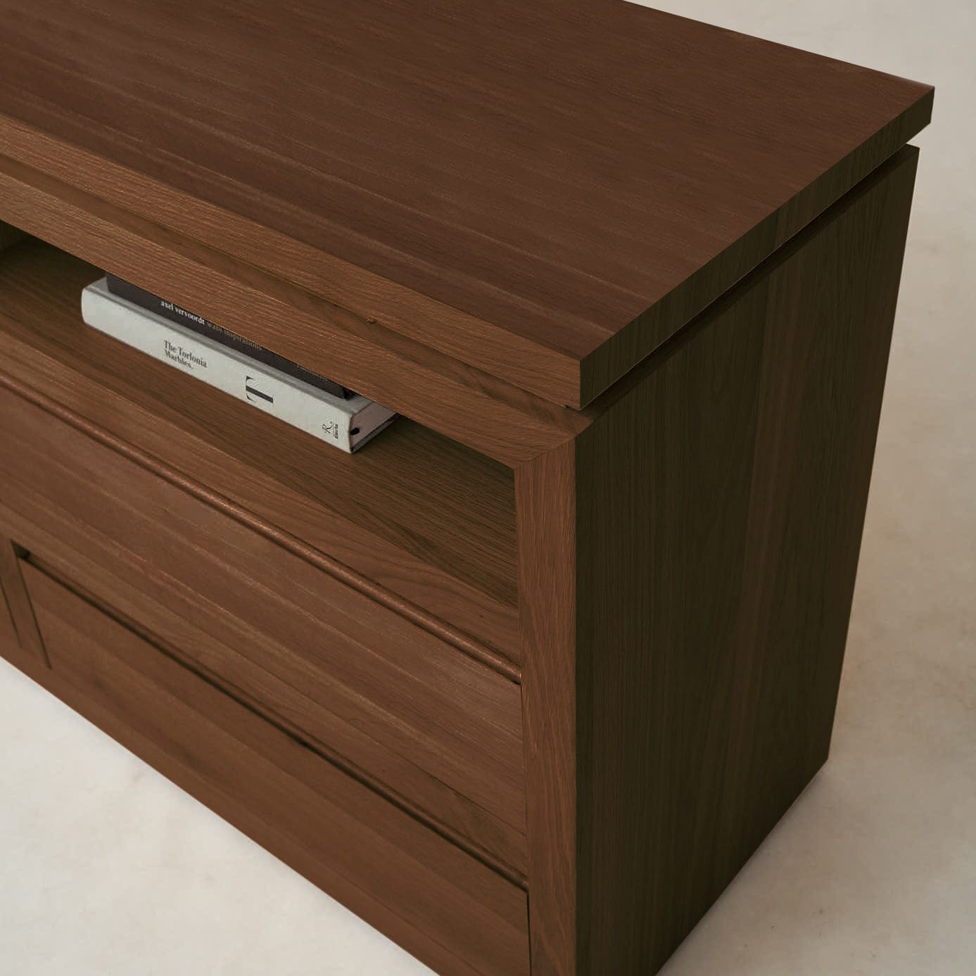Close-up of Sofita mocha dresser drawer with solid wood construction
