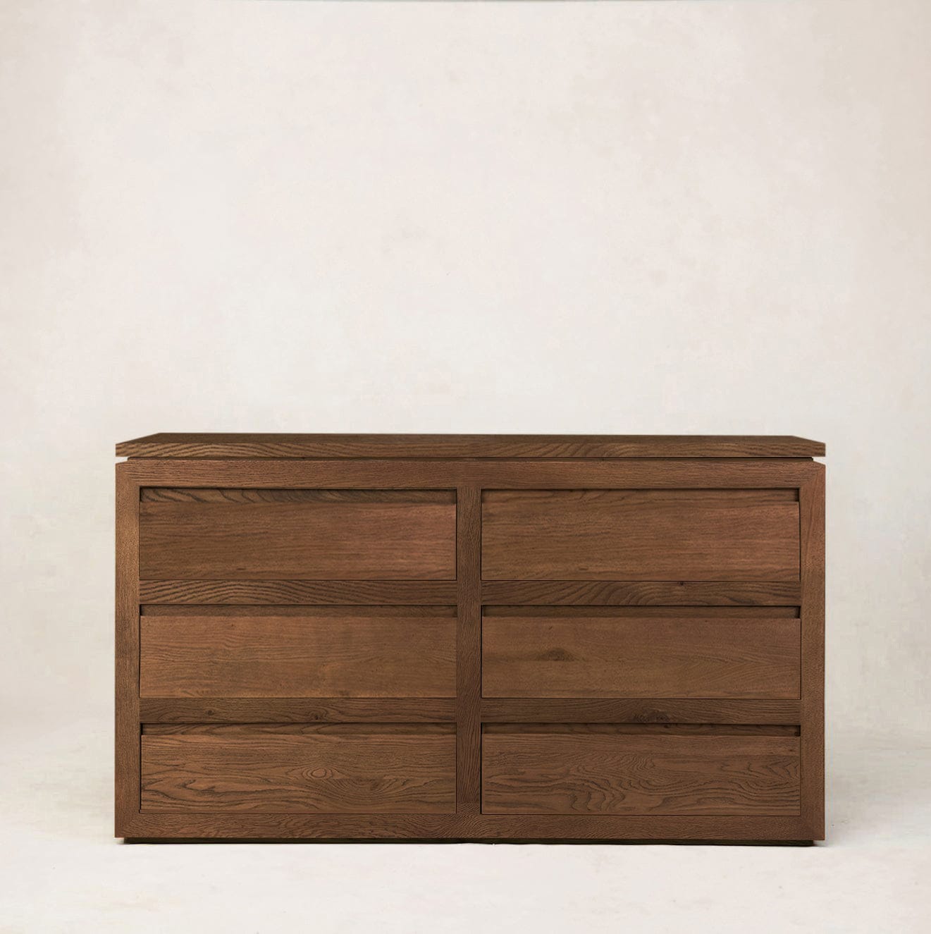 Front view of Sofita wood dresser in mocha highlighting rich wood grain