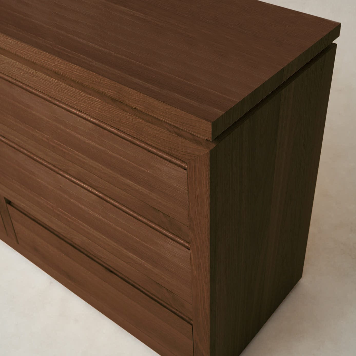 Side view of Sofita wood dresser in mocha showing craftsmanship and finish