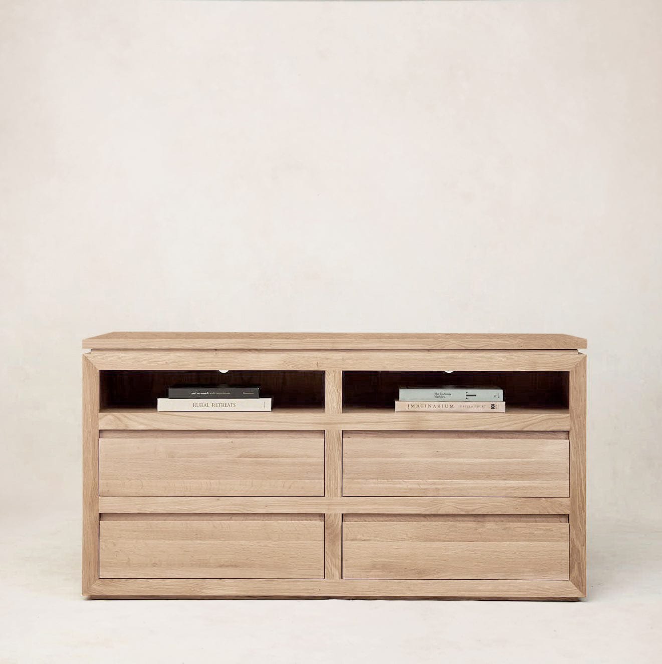 Sofita dresser with white oak case and open upper storage