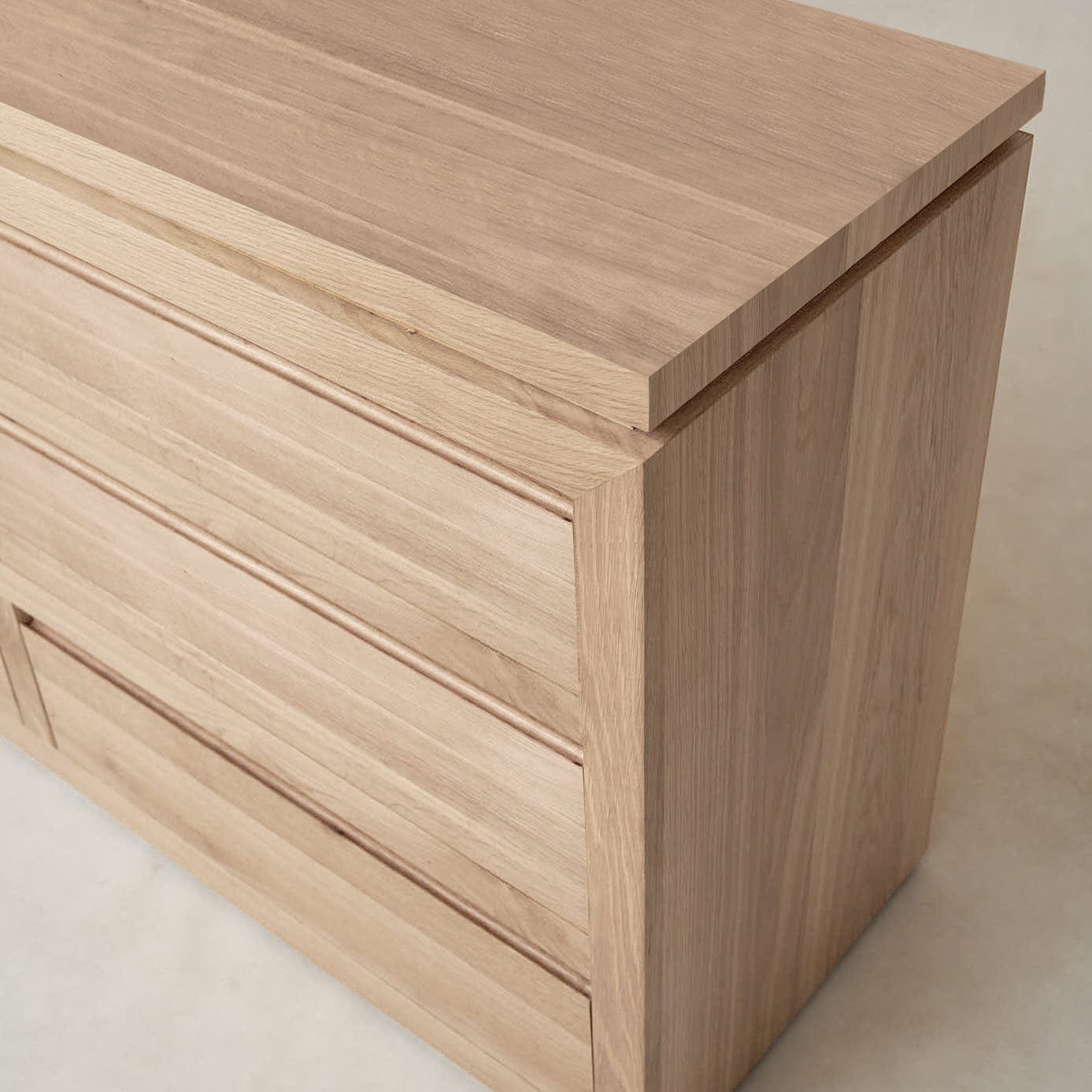 Side view of Sofita dresser showing solid oak frame and craftsmanship