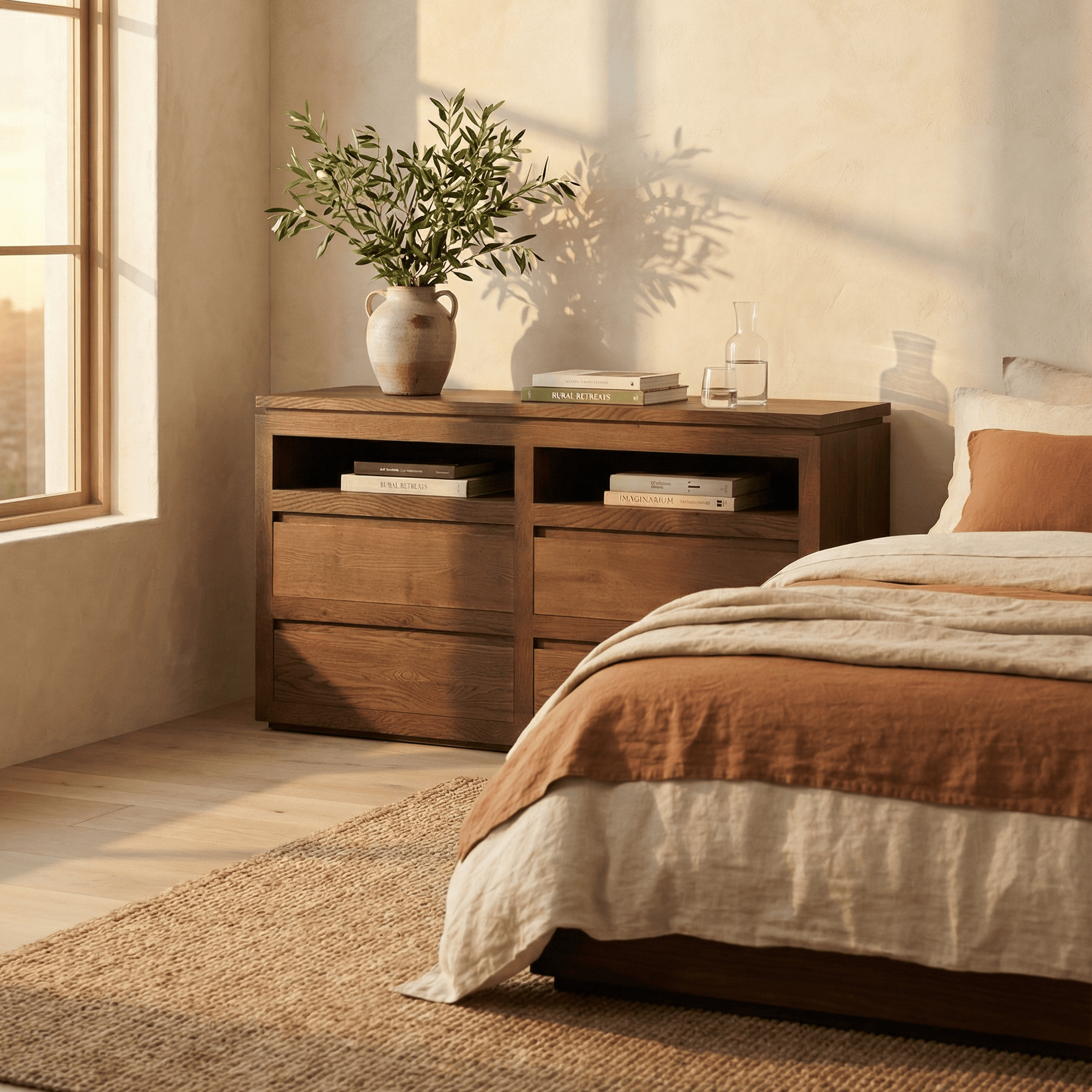 Sofita wood dresser in mocha styled in warm bedroom with natural light