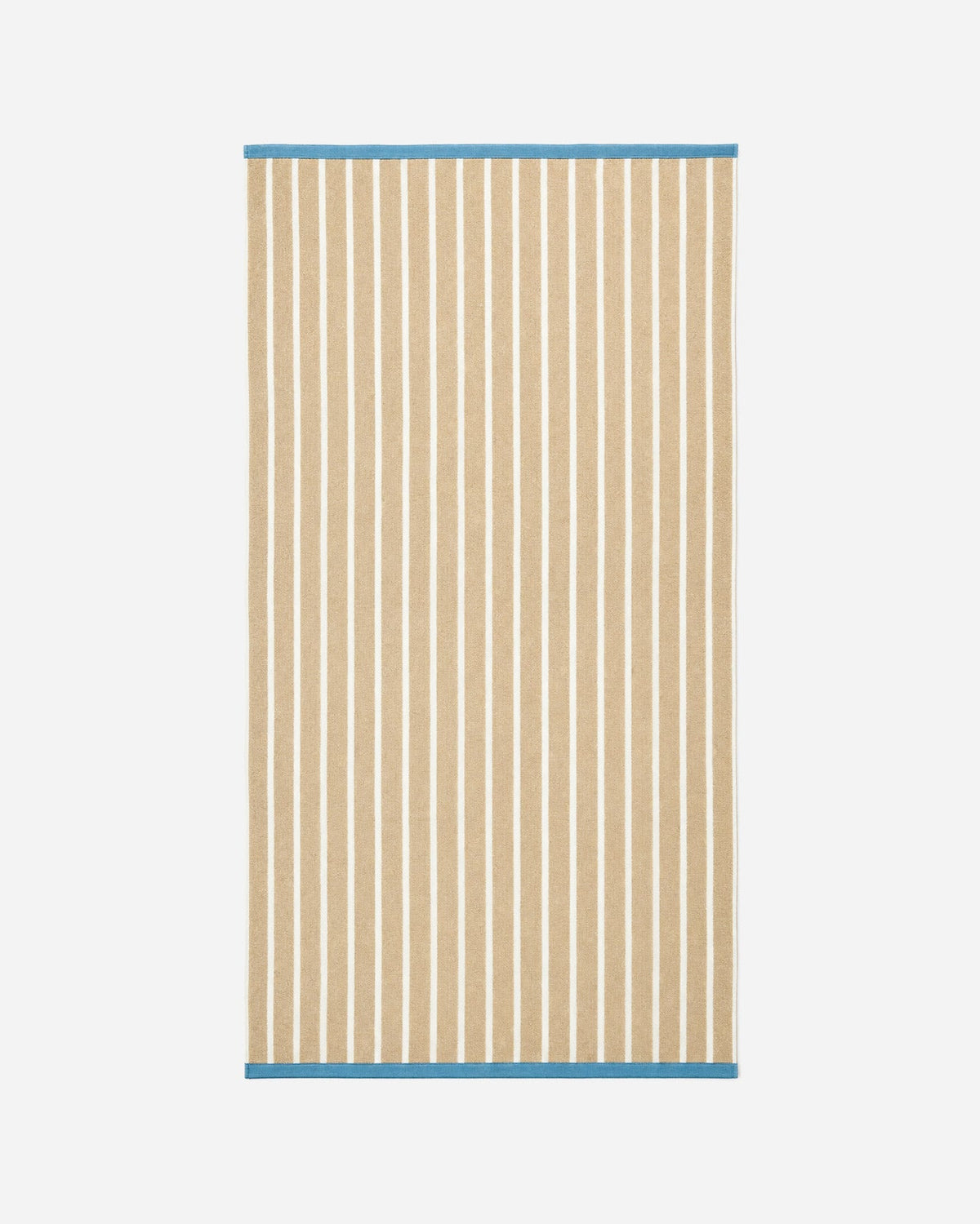 Full view of the rectangular blanket laid flat, with horizontal stripes on one half, vertical stripes on the other, and cream fringe at both ends.
