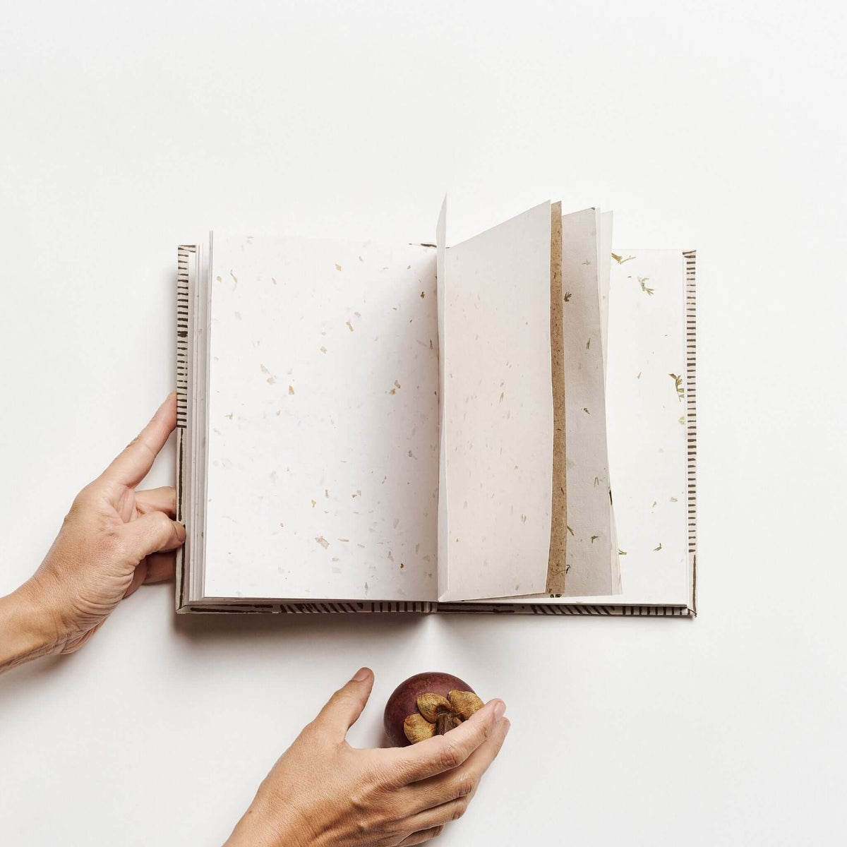 Open Tria artisanal journal showing cream handmade pages with natural flecks as hands hold the book beside a small cup