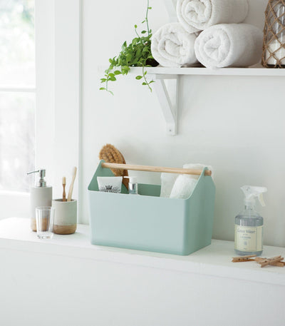 Mint green caddy with cleaning supplies on a white surface