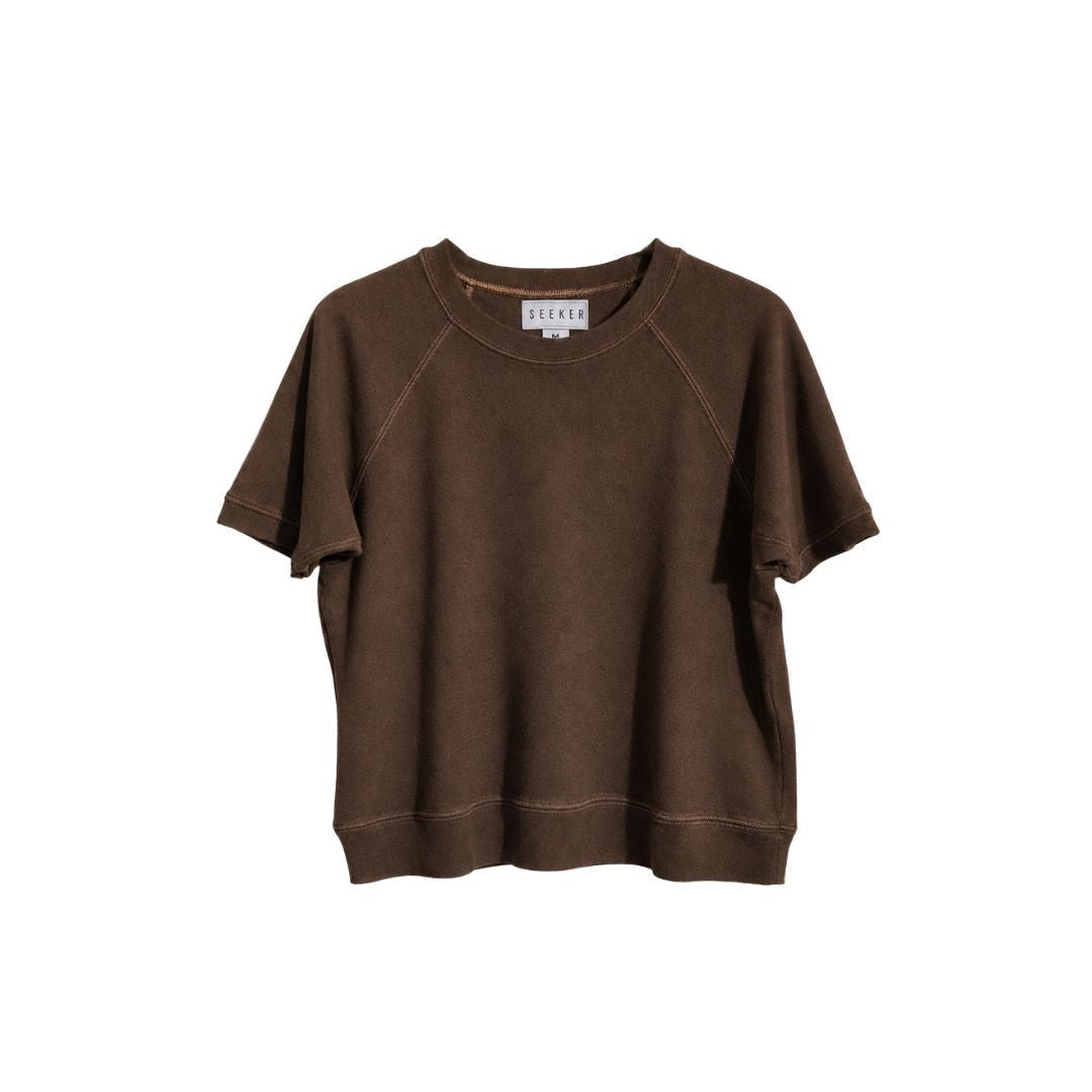 Front product view of the faded brown short-sleeve raglan shirt.